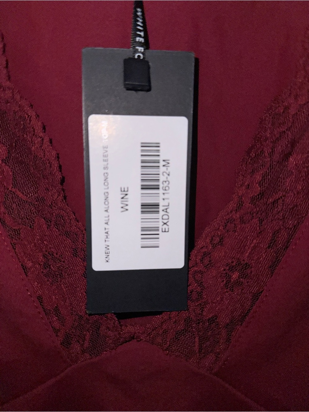 White Fox Boutique Lace-Trim V-Neck Long Sleeve Top - Wine - Picture 3 of 4